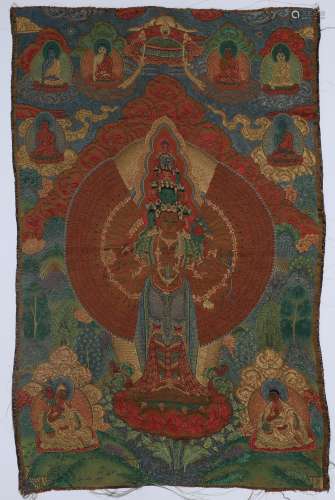 Brocade Thangka Thousand-Hand Guanyin Statue in Qing Dynasty
