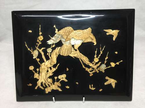 JAPANESE IVORY CRAVED EGALE AND BIRD ON LACQUER ,D 35.5CM X ...