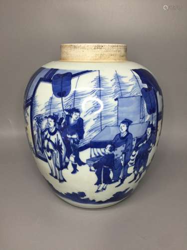 LARGE CHINESE BLU AND WHITE GINGER JAR , HAND PAINTED FIGURE...