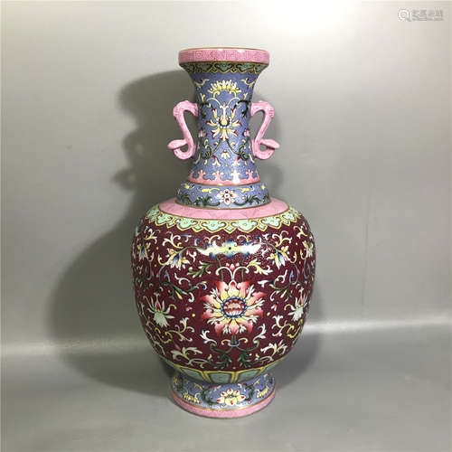 LARGE CHINESE FAMILLE ROSE BOTTLE VASE ,H33CM