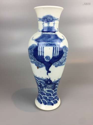 CHINESE BLUE AND WHITE PORCELAIN VASE, PAINTED DRAGON AND FI...