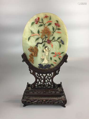 CHINESE JADE/HARDSTONE PANEL WITH HARDWOOD STAND,H 31.5CM D ...