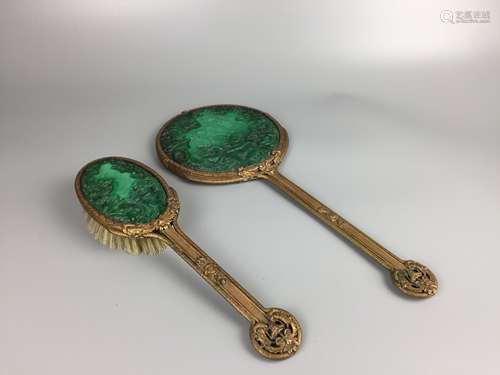 ART DECO BRONZE HAND MIRROR AND BRUSH ,L 37.5 CM AND 28CM