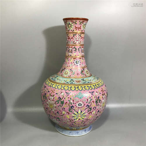 CHINESE PINK GROUND FAMILLE ROSE PORCELAIN VASE ,H 33CM