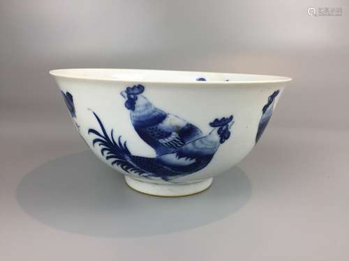 LARGE CHINESE BLUE AND WHITE PORCELAIN BOWL , HAND PAINTED C...