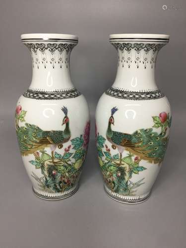 PAIR OF CHINESE FAMILLE ROSE PORCELAIN VASE , HAND PAINTED P...