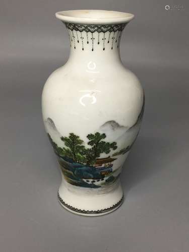 CHINESE FAMILLE ROSE PORCELAIN  VASE , HAND PAINTED LANDSCAP...