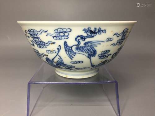 CHINESE BLUE AND WHITE PORCELAIN BOWL ,HAND PAINTED CRANES,D...