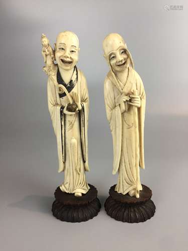 PAIR OF 19TH C CHINESE IVORY CRAVED FIGURES ,H 19.5CM