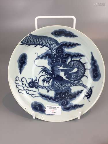 CHINESE BLUE AND WHITE PORCELAIN PLATE ,HAND PAINTED DRAGONS...