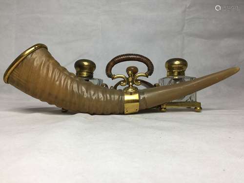 19TH C HORN AND GLASS INKWELL ,L47CM