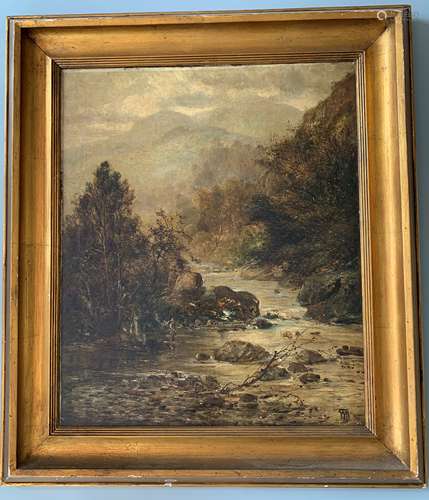 LARGE 19TH CENTERY OIL PAINTING ON CARVAN FRAMED ,  STAMPED ...