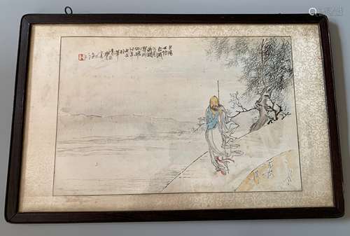 CHINESE HAND PAINTING FIGURES IN HARDWOOD FRAME, 62.5CM X 40...