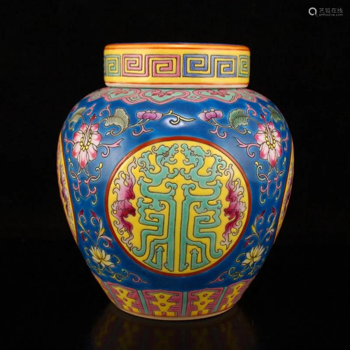 Blue Ground Famille Rose Porcelain Tea Caddy