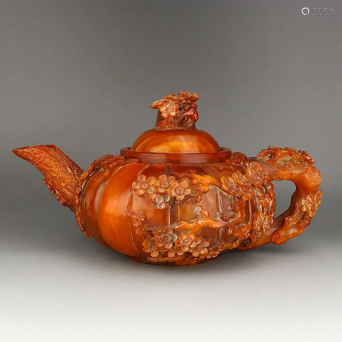 Chinese Ox Horn Low Relief Plum Flower Teapot