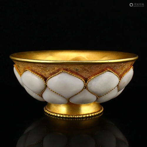 Chinese Gilt Gold Red Copper Inlay White Jade Bowl