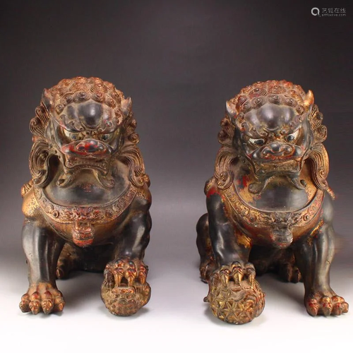 Pair 16 Kg Gilt Gold Red Copper Lucky Lion Statues