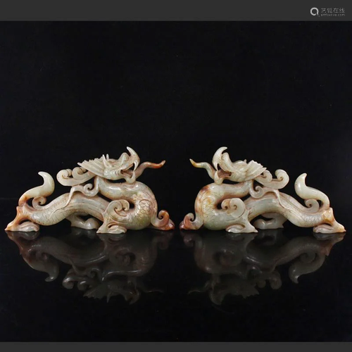 Pair Vintage Chinese Hetian Jade Lucky Kylin Statues