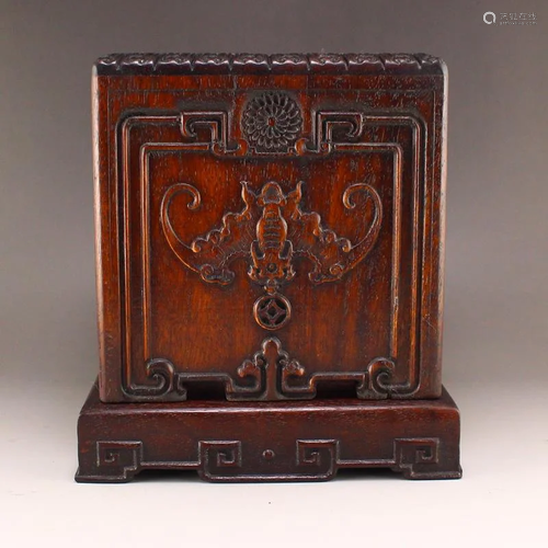 Chinese Zitan Wood Fortune Bat Design Seal Box