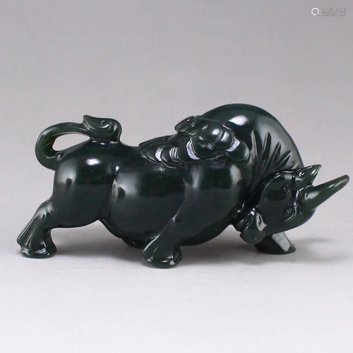 Chinese Green Hetian Jade Fortune Ox Statue