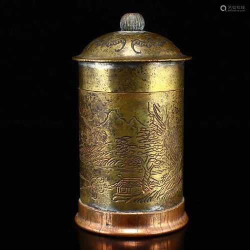 Vintage Chinese Brass Scenery Figure Toothpick Pot