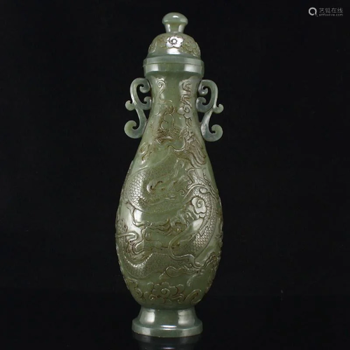 Qing Dy Hetian Jade Low Relief Double Ears Vase