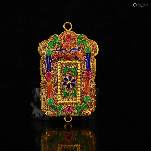 Excellent Gold Wire Enamel Inlay Jadeite Pendant