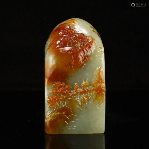 Natural Hetian Zi Jade Low Relief Scenery Figure Statue