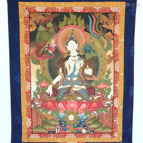 Tibetan Buddhism Sheepskin & Silk Tangka - Tara