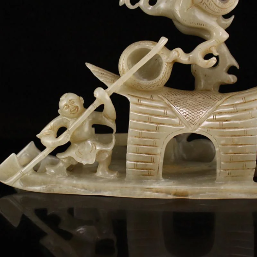 Chinese Qing Dy Hetian Jade Figure & Boat Statue