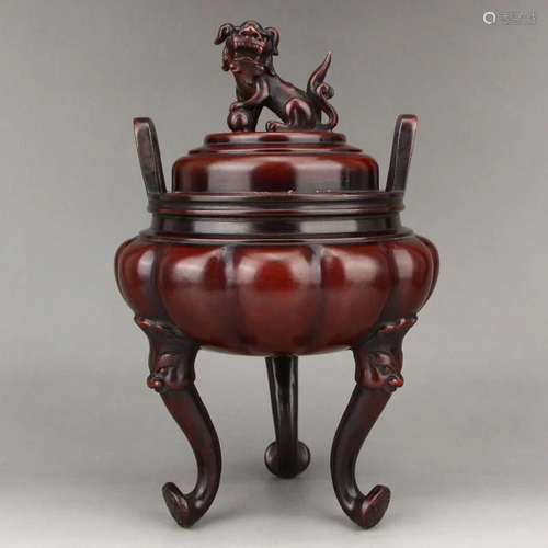 Red Copper Lucky Lion Double Ears 3 Legs Incense Burner