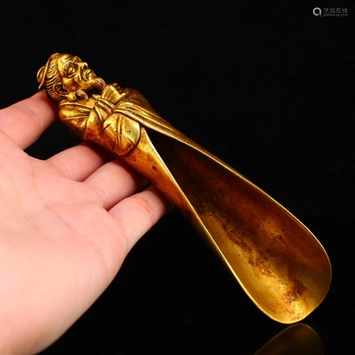 Vintage Chinese Gilt Gold Red Copper Figure Tea Shovel