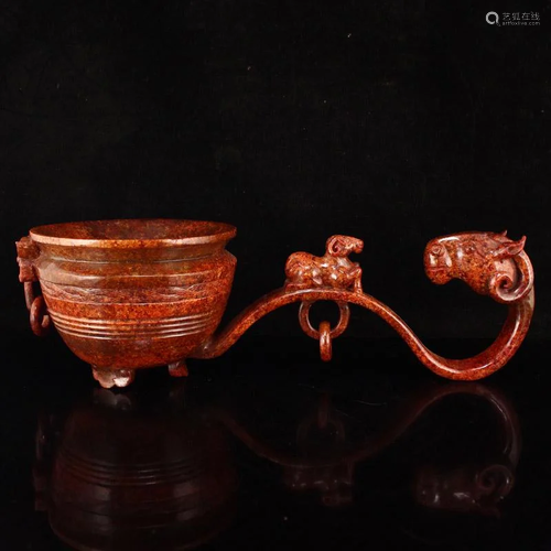 Superb Vintage Chinese Hetian Jade Long Handle Burner