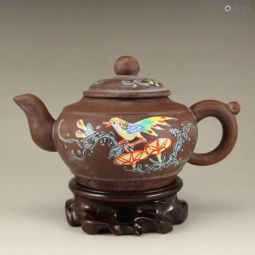 Chinese Yixing Zisha Clay Teapot w Bird & Flower