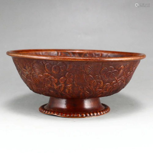 Chinese Red Copper Flowers & Birds Design Bowl