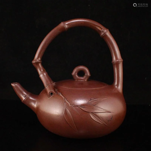 Yixing Zisha Clay Handle Teapot w Artist Signed