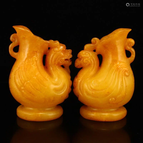 A Pair Shoushan Stone Dragon Phoenix Wine Cups