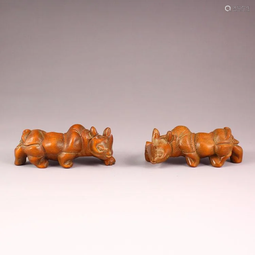 Pair Chinese Boxwood Wood Statue - Rhinoceros