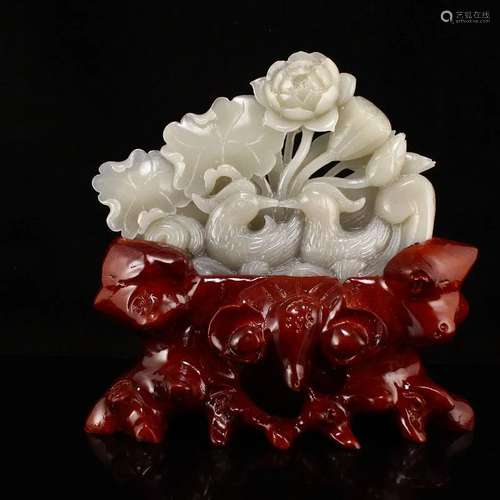 Natural Hetian Jade Mandarin Duck & Lotus Statue