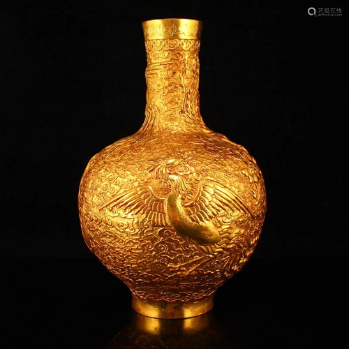 Chinese Gilt Gold Red Copper Phoenix Design Vase