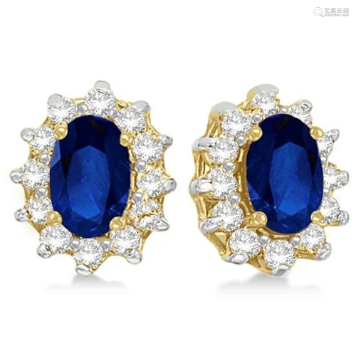 Oval Blue Sapphire and Diamond Accents Earrings 14k Yel