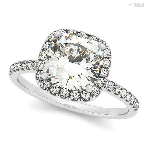 Cushion Diamond Halo Engagement Ring French Pave 14k W.