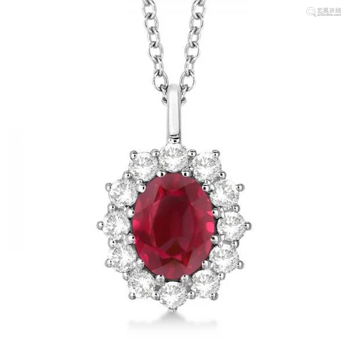 Oval Ruby and Diamond Pendant Necklace 14k White Gold 3