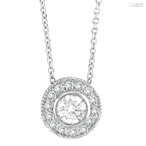 Halo Diamond Circle Pendant Necklace 14K White Gold (0.