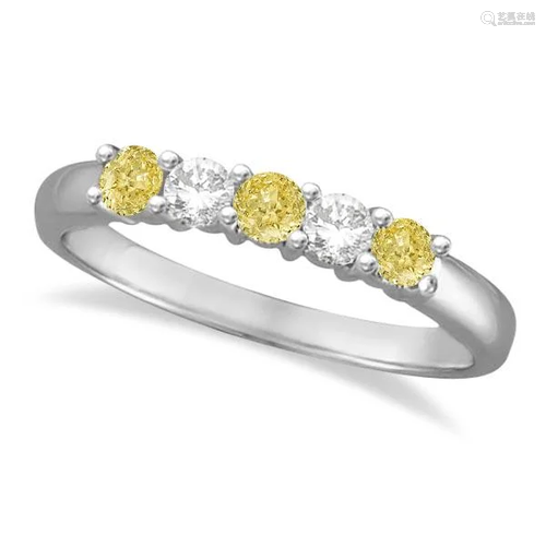 Five Stone White and Fancy Yellow Diamond Ring 14k Whit