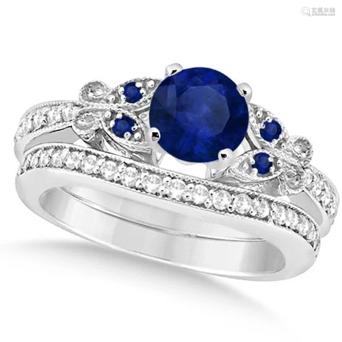 Butterfly Blue Sapphire and Diamond Bridal Set 14k Whit