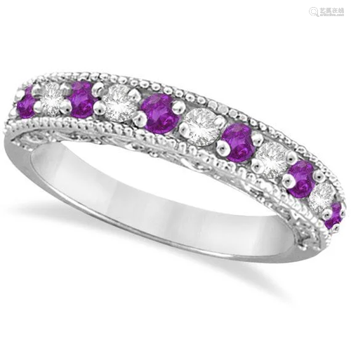 Diamond and Amethyst Band Filigree Design Ring 14k Whit