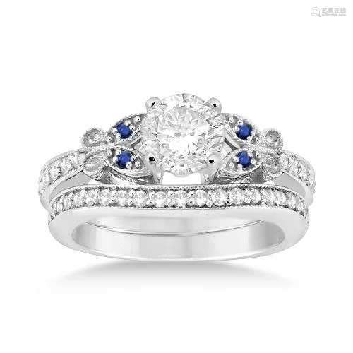 Butterfly Diamond and Blue Sapphire Bridal Set 14k Whit