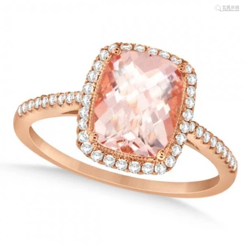 Cushion Cut Morganite and Diamond Halo Ring 14K Rose Go