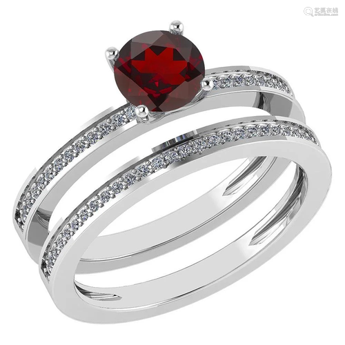 Certified 0.73 Ctw Garnet And Diamond 14k White Gold Ri